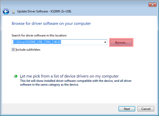 Browse to folder for driver software